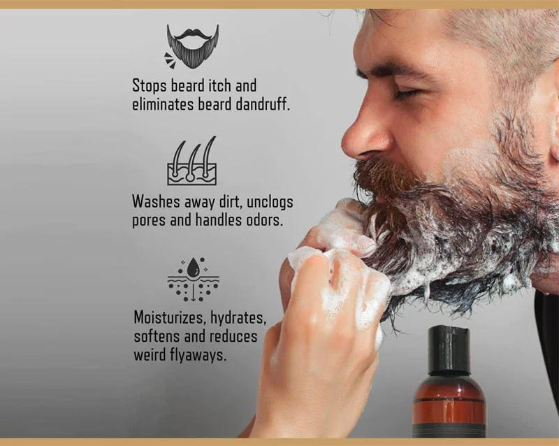 Hand applying foam to a beard, with text highlighting benefits like itch relief, pore cleansing, and hydration. Bottle nearby.